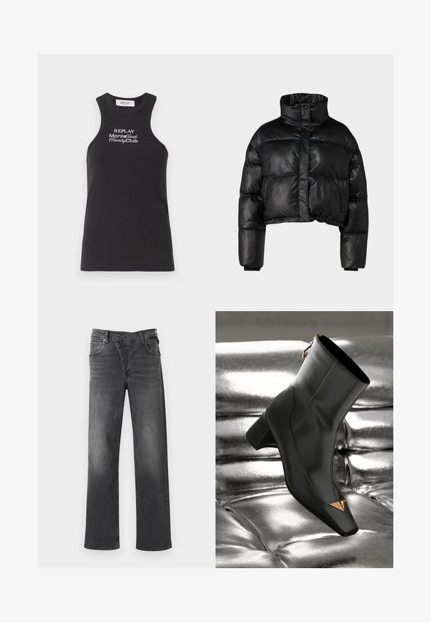 Black cropped puffer jacket made of glossy synthetic material, featuring a high collar, button front, and ribbed cuffs.; Black ribbed tank top with a high neckline and racerback design. Features white embroidered text: "REPLAY MonteCarlo CountryClub."; Dark gray denim jeans with a straight leg cut, five-pocket design, and subtle fading. Reinforced stitching and metal hardware details.; Black leather ankle boot with a square toe, gold triangular accent, and mid-height heel. Smooth texture against shiny silver background.