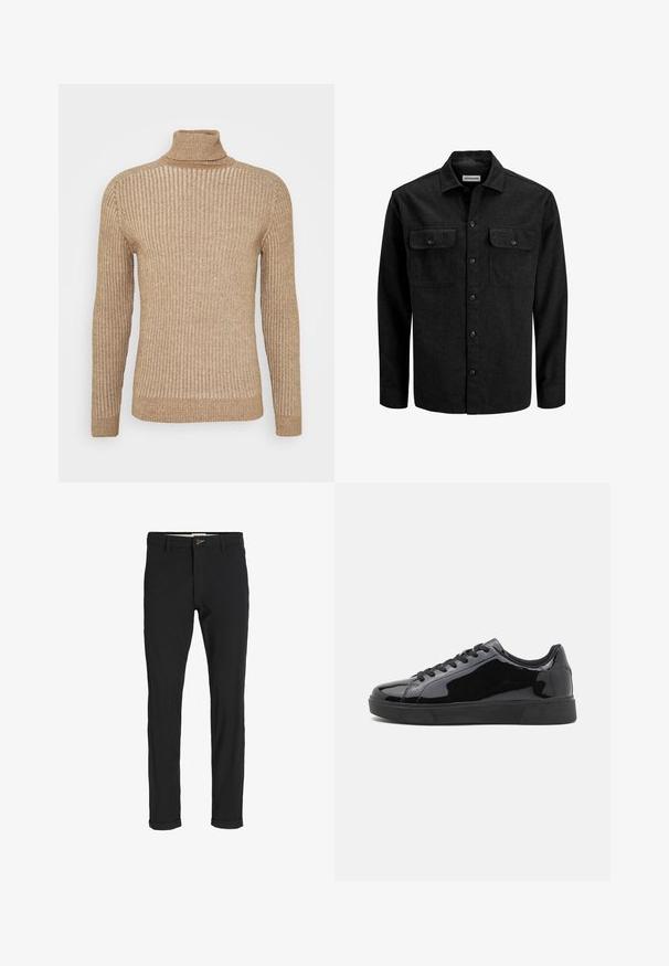 Black button-up shirt made from wool blend, featuring a collar, two chest pockets with flaps, and a straight fit design.; Beige ribbed turtleneck sweater with long sleeves, textured fabric, fitted design, and a slightly loose collar. Simple and neutral color.; Black cotton blend pants with a slim fit, featuring a button closure, pockets, and rolled cuffs for a casual finish.; Black patent leather sneakers with a round toe, flat rubber sole, and black laces. Smooth, shiny texture on upper surface.