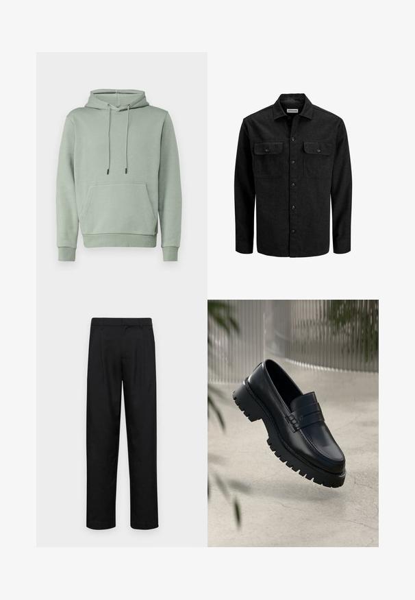 Sort skjorte med knapper lavet af uldblanding, med krave, to brystlommer med klapper og et lige snit.; Jack & Jones JJEBRADLEY - Hættetrøje - iceberg green; Sorte bukser lavet af glat stof, med et lige ben-design, to frontfolder og en standard talje med bæltestropper.; Sorte læder loafers med en chunky sål, der har en dekorativ rem og syninger. Glat tekstur med en poleret overflade.