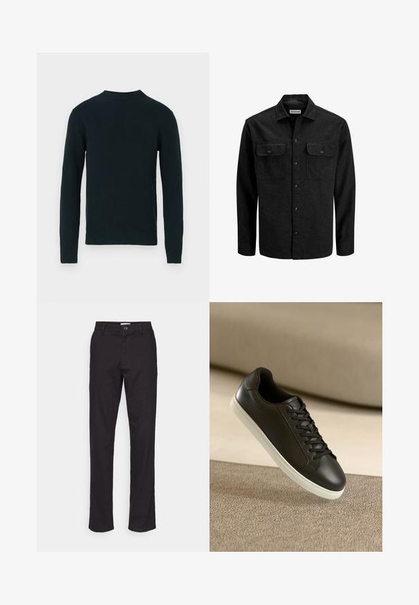 Crna košulja na kopčanje od mješavine vune, s ovratnikom, dva prsna džepa s preklopom i ravnim krojem.; Crna dugorukava majica s okruglim izrezom i rebrastim manžetama, okovratnikom i rubom, prikazana na praznoj bijeloj pozadini.; Crne pamučne hlače ravnog kroja, s prednjim kopčanjem na dugme i bočnim džepovima. Glatka tekstura i minimalni detalji.; Crne kožne tenisice s bijelim gumiranim potplatom i crnim vezicama, smještene na bež tkaninskoj površini i pozadini.