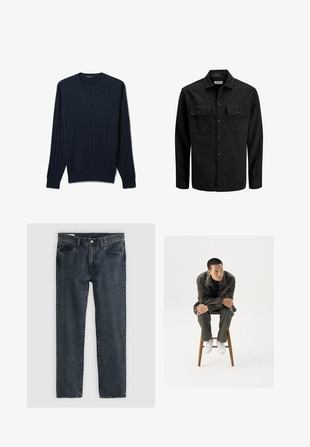 Schwarzes Hemd zum Zuknöpfen aus Wollmischung, mit Kragen, zwei Brusttaschen mit Klappen und geradem Schnitt.; Dunkelblauer Pullover aus glattem Stoff, mit vertikaler Rippstruktur, langen Ärmeln und einem klassischen Rundhalsausschnitt.; Dunkelblaue Jeans aus Denim mit geradem Bein, fünf Taschen und einem Knopfverschluss. Der Stoff weist eine subtile Ausbleichung und Textur auf.; Braune Lederjacke mit einem breiten Kragen, kombiniert mit dunkelgrünen Jeans und weißen Sneakers. Das Modell sitzt auf einem Holzschemel.