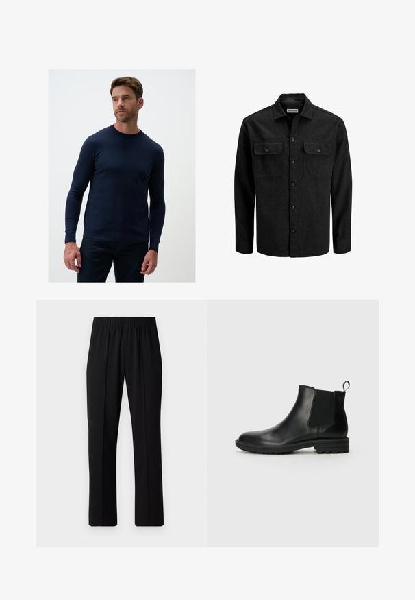 Zwart overhemd met knopen gemaakt van een wollen blend, voorzien van een kraag, twee borstzakken met kleppen en een rechte pasvorm.; Marineblauwe, lange mouw crewneck trui gemaakt van een zachte breimateriaal. Heeft ribgebreide manchetten en zoom voor een comfortabele pasvorm.; Zwarte, elastische broek met rechte pijpen, met een gladde textuur en zonder zichtbare patronen of hardware.; Jack & Jones JFWHOSKINS - Korte laarzen - anthracite