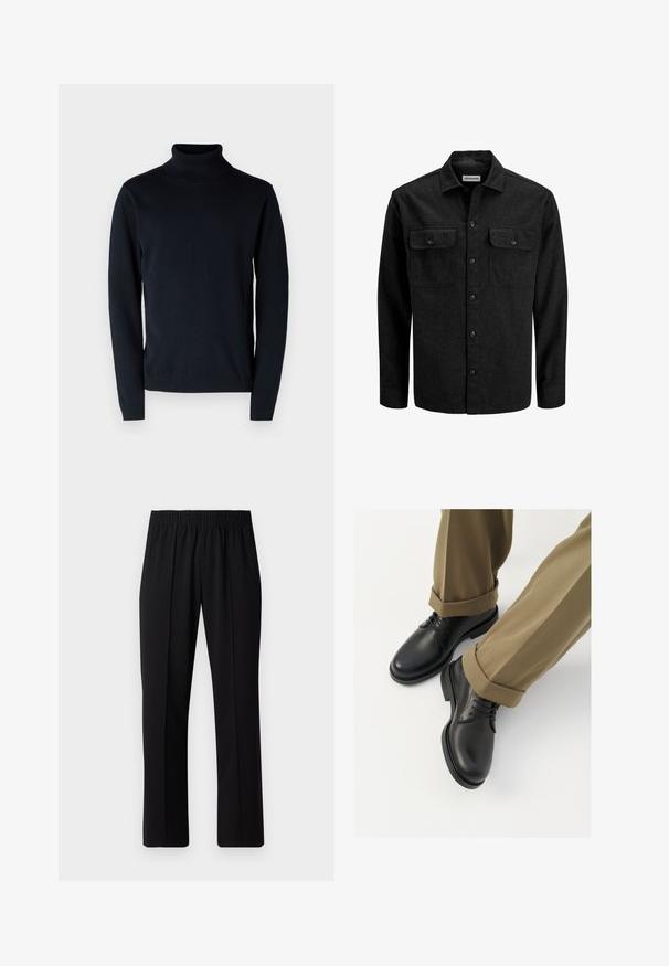 Camicia nera con bottoni in misto lana, caratterizzata da un colletto, due tasche sul petto con patta e un design a taglio dritto.; Maglione a dolcevita di un elegante blu scuro realizzato in tessuto morbido e elasticizzato. Presenta maniche lunghe e polsini e orlo a coste. Design semplice e pulito.; Pantaloni neri con vita elasticizzata e design a gamba dritta, caratterizzati da una texture liscia e senza motivi o hardware visibili.; Scarpe da uomo in pelle nera con una finitura liscia, dotate di lacci e punta arrotondata, abbinate a pantaloni khaki arrotolati.