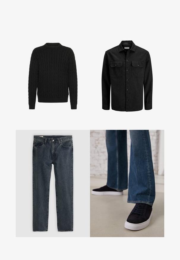 Camicia nera con bottoni in misto lana, caratterizzata da un colletto, due tasche sul petto con patta e un design a taglio dritto.; Solid SDMALCOLM - Maglione - true black; Jeans in denim blu scuro con un design a gamba dritta, cinque tasche e chiusura con bottone. Il tessuto presenta una leggera sfumatura e texture.; Sneakers in suede blu scuro con suola e lacci in gomma bianca, abbinati a jeans denim a gamba larga in un lavaggio blu medio.