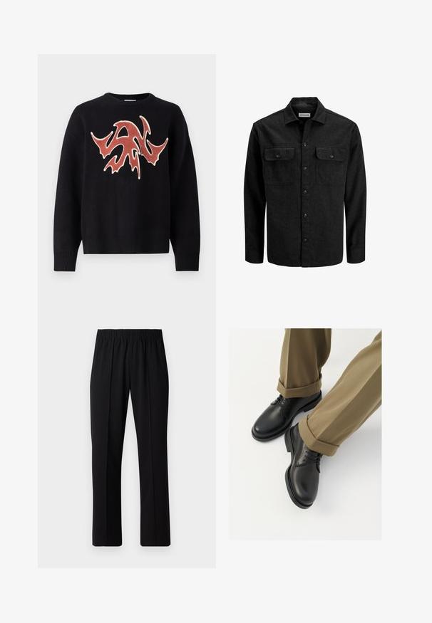 Juoda vilnos mišinio marškinėliai su sagutėmis, su apykakle, dviem krūtininėmis kišenėmis su atvartais ir tiesiu siluetu.; Juodas megztinis su apvalia kaklo iškirpte, su tekstūruoto, abstraktaus raudono ir grietinėlės spalvos dizainu priekyje. Ribbiniu apdaila prie rankovių ir apatinės dalies.; Juodos, elastingos juosmens kelnės su tiesiomis kojomis, turinčios lygų paviršių ir be matomų raštų ar detalių.; Juodi odiniai bateliai su lygia apdaila, turintys raištelius ir apvalų pirštą, derinami su sukrautais chaki kelnais.