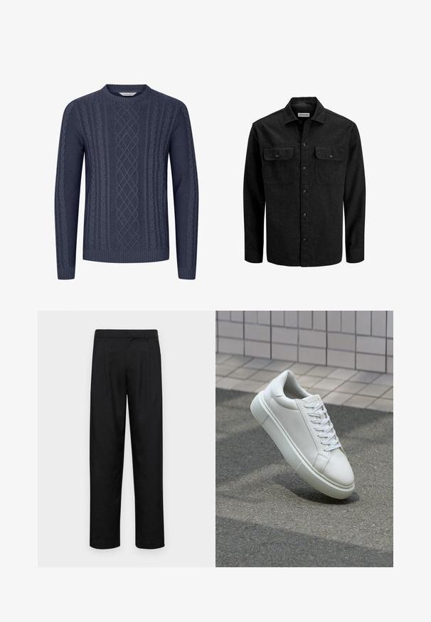 Svart skjorte med knapper laget av ullblanding, med krage, to brystlommer med klaffer og en rett passform.; Marineblå strikkegenser med teksturerte kabelmønstre, rund hals og ribbestrikkede mansjetter og kant. Laget av myk, slitesterk stoff.; Sorte bukser laget av glatt stoff, med rette ben, to frontfoldninger og standard liv med beltehemper.; Hvit lær sneaker med glatt overflate, rund tå og flate hvite snøringer. Har en teksturert gummisåle og minimale design elementer.
