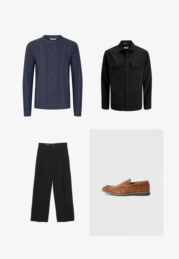 Černá košile na knoflíky vyrobená z vlněné směsi, s límečkem, dvěma náprsními kapsami s klopami a rovný střihem.; Námořnický modrý pletený svetr s texturovanými kabelovými vzory, kulatým výstřihem a zakončením s lemem. Vyrobeno z měkké, odolné tkaniny.; Černé kalhoty širokého střihu vyrobené z hladké látky, s plochým pasem, předními záhyby a jedním knoflíkem na zapínání.; Hnědé kožené mokasíny s kulatou špičkou, prošívanými detaily a nízkou gumovou podrážkou. Design zahrnuje pásek přes vrch.
