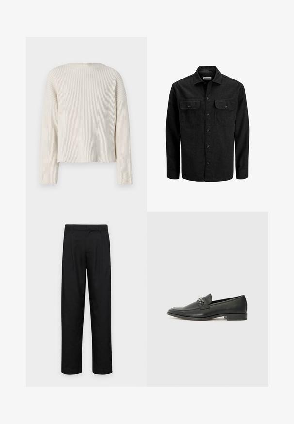 Black button-up shirt made from wool blend, featuring a collar, two chest pockets with flaps, and a straight fit design.; Cream-colored ribbed sweater with long sleeves, round neckline, and a relaxed fit. Features frayed hem details and textured fabric.; Black trousers made of smooth fabric, featuring a straight-leg design, two front pleats, and standard waistband with belt loops.; Black leather loafer with a smooth finish, featuring a stitched design and a decorative metal chain accent across the vamp. Flat heel.