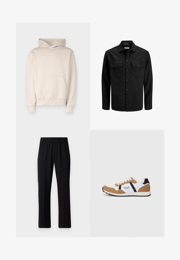 Black button-up shirt made from wool blend, featuring a collar, two chest pockets with flaps, and a straight fit design.; Beige hoodie made of soft fabric, featuring a front pouch pocket, ribbed cuffs, and a drawstring hood. Simple, unadorned design.; Black, elastic-waist trousers with a straight-leg design, featuring a smooth texture and no visible patterns or hardware.; Retro-style sneaker with white, tan suede, black accents, white laces, and "Jack & Jones EST. 1990" logo on the side.