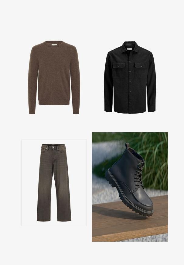 Schwarzes Hemd zum Zuknöpfen aus Wollmischung, mit Kragen, zwei Brusttaschen mit Klappen und geradem Schnitt.; Brauner Strickpullover mit rundem Ausschnitt, langen Ärmeln und einer weichen Textur. Einfaches Design ohne sichtbare Muster oder Akzente.; Weite Jeans aus dunkelgrauem Denim mit hoher Taille, klassischem Fünf-Taschen-Design und kontrastierendem Stepp entlang der Nähte.; Graue Lederknöchelstiefel mit Schnürdesign, robustem Sohlenprofil und glatter Textur. Mit einer genähten Naht und einer Zuglasche an der Ferse.
