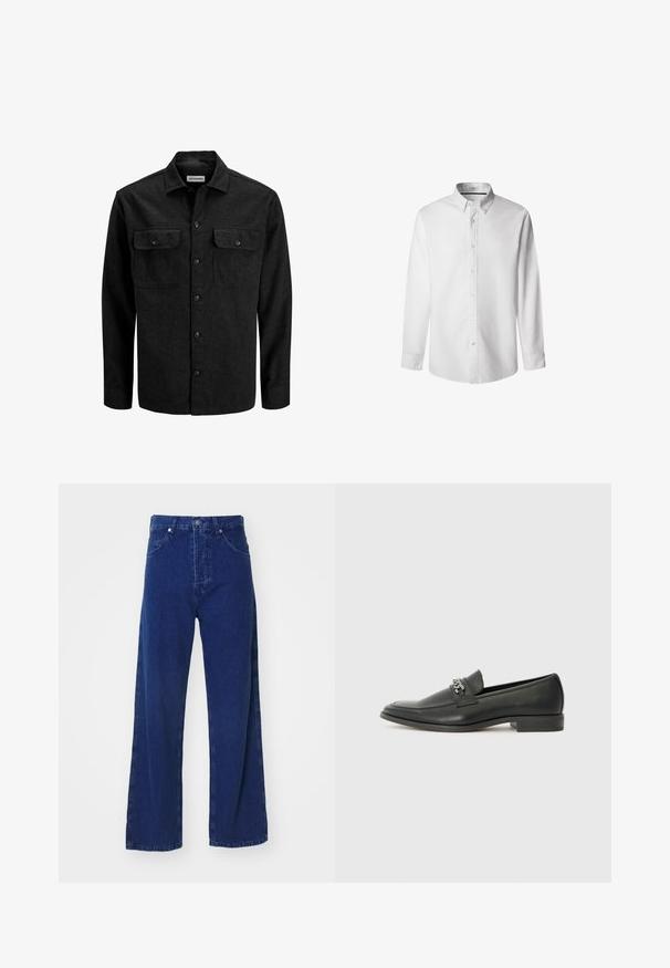 Svart skjorte med knapper laget av ullblanding, med krage, to brystlommer med klaffer og en rett passform.; Hvit langermet skjorte med knappestolpe og mansjetter, vist mot en hvit bakgrunn.; Bredde ben blå denim jeans med høy midje, med frontlommer og knappeåpning. Jevn tekstur og minimale sømdetaljer.; Sorte skinnloafers med en glatt finish, og med en sydd design og en dekorativ metallkjedeakcent over foten. Flat hæl.