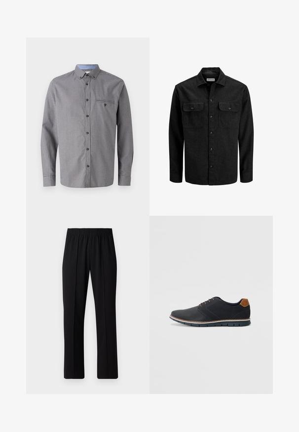 Black button-up shirt made from wool blend, featuring a collar, two chest pockets with flaps, and a straight fit design.; Gray checkered shirt with long sleeves, button-down collar, chest pocket, and contrasting light blue inner collar. Features brown buttons.; Black, elastic-waist trousers with a straight-leg design, featuring a smooth texture and no visible patterns or hardware.; Black synthetic shoes with a textured upper, smooth accents, brown heel, and a contrasting sole. Features minimal lacing and stitch details.