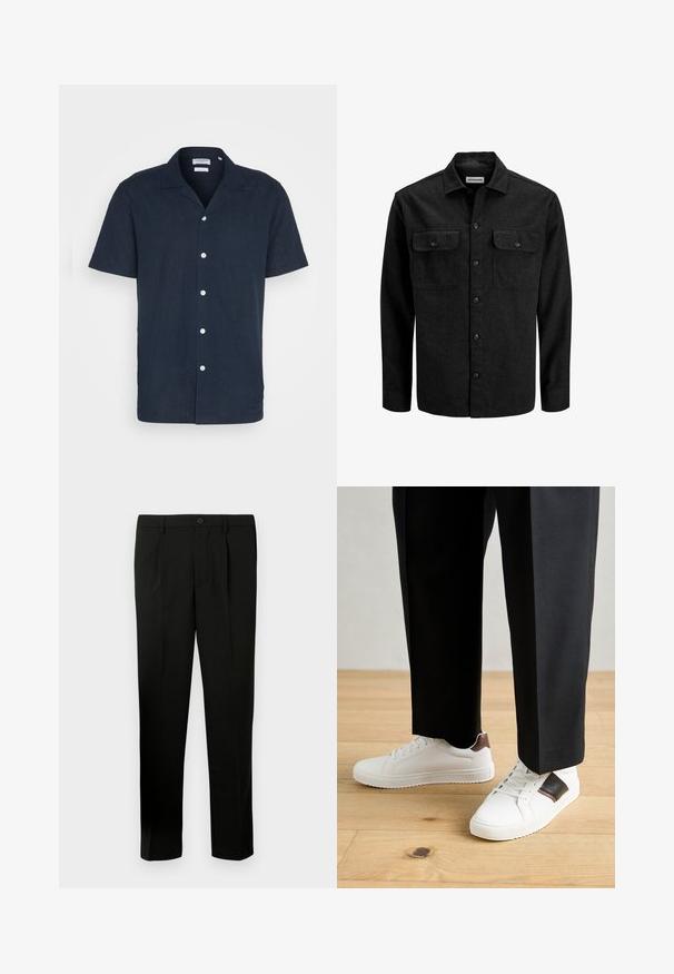 Mustast villasegust valmistatud nööbitav särk, millel on krae, kaks rinnataskut klappidega ja sirge lõige.; Lühikeste varrukatega tumesinine nööpidega särk kerges kangas, millel on krae, kuus valget nööpi ja lõdva istuvuse disain.; Mustad kohandatud pükste sirge säärega, lame ees, kahe voldiga, nööbiga kinnitamine ja küljetaskud. Valmistatud sileda materjali. ; Valged sneakersid siledat tekstuurist, millel on pruunad nahast detailid ja mustad aksessuaarid, millele on sobitatud mustad kohandatud püksid. Puitpõranda taust.