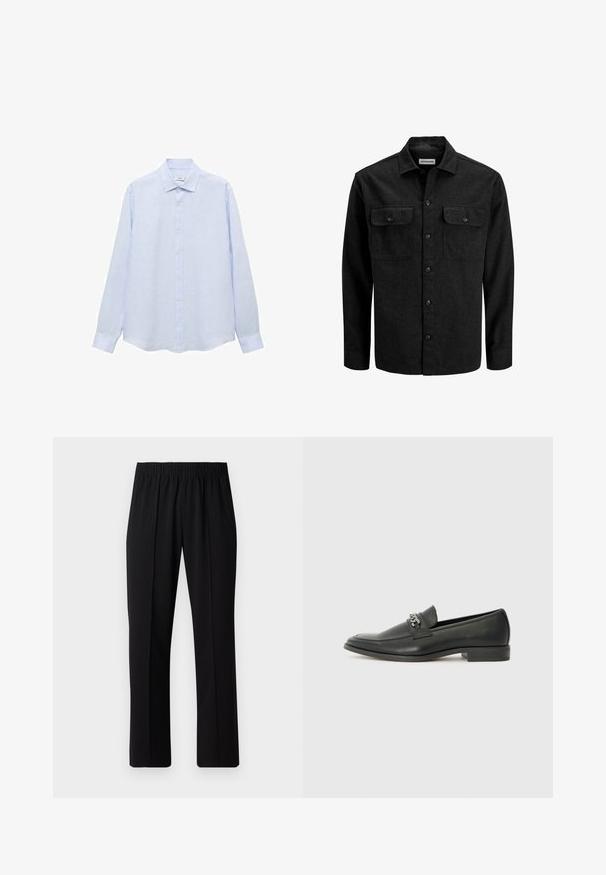 Zwart overhemd met knopen gemaakt van een wollen blend, voorzien van een kraag, twee borstzakken met kleppen en een rechte pasvorm.; Lichtblauw shirt met lange mouwen en knoopsluiting, gemaakt van een textuurstof. Heeft een klassieke kraag en een rechte snit met een iets afgeronde onderkant.; Zwarte, elastische broek met rechte pijpen, met een gladde textuur en zonder zichtbare patronen of hardware.; Zwarte leren instapper met een gladde afwerking, voorzien van een gestikt ontwerp en een decoratieve metalen kettingaccent over de wreef. Platte hak.