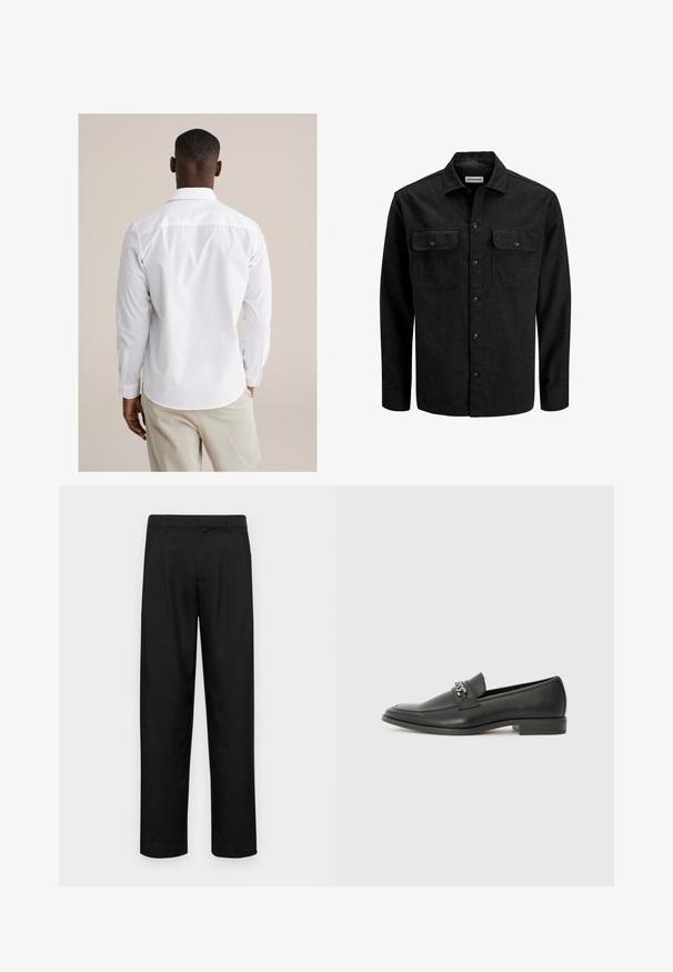 Melnā vilnas maisījuma pogājama krekla ar apkakli, divām krūšu kabatām ar atlokiem un taisnu piegriezumu.; Balta pogāzama krekla ar garām piedurknēm, izgatavota no gludas auduma. Forumā klasiskā apkakle, izliekta apakša un aproces ar vienu pogu.; Melnas bikses, izgatavotas no gludas auduma, ar taisnu kāju dizainu, divām priekšējām krokām un standarta jostu, kurai ir āķi.; Melna ādas loafer izmēra apavi ar gludu virsmu, piedāvā ar šūtu dizainu un dekoratīvu metāla ķēdes akcentu pār vampu. Plakana papēža daļa.