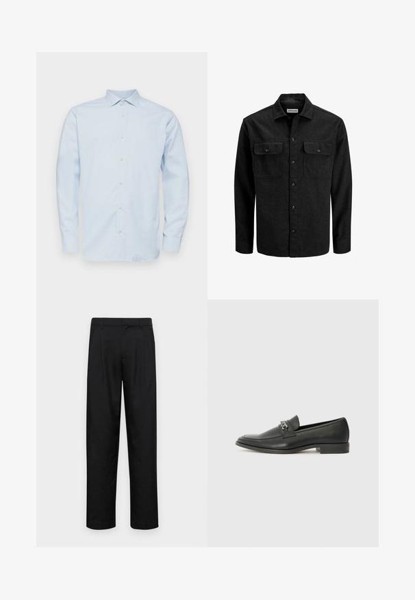 Black button-up shirt made from wool blend, featuring a collar, two chest pockets with flaps, and a straight fit design.; Light blue long-sleeve shirt with a pointed collar, button front, and subtle checked pattern. Made of smooth fabric with a structured fit.; Black trousers made of smooth fabric, featuring a straight-leg design, two front pleats, and standard waistband with belt loops.; Black leather loafer with a smooth finish, featuring a stitched design and a decorative metal chain accent across the vamp. Flat heel.