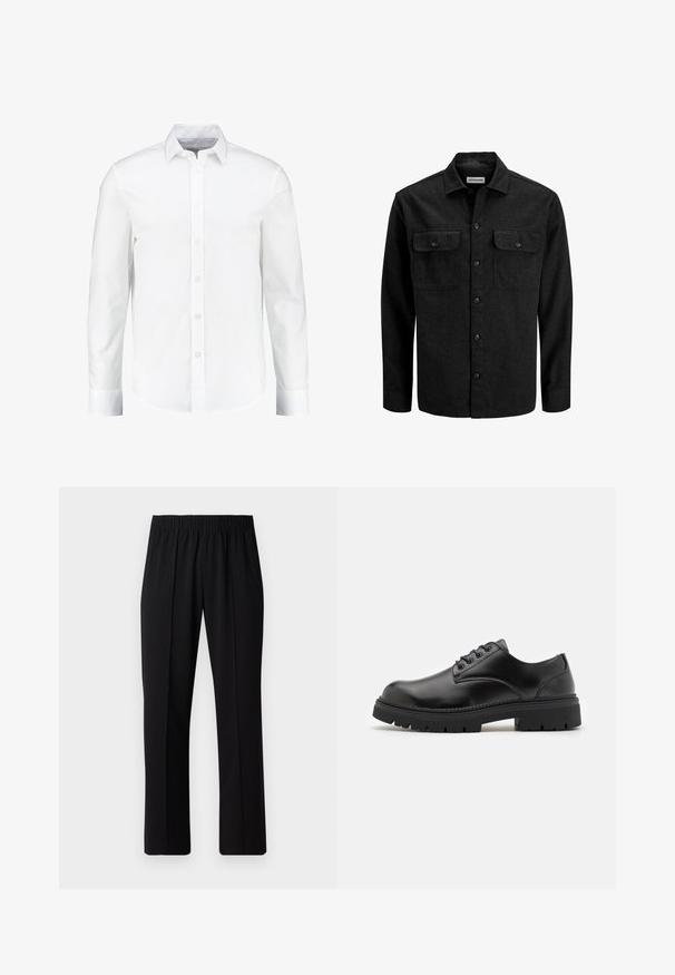 Schwarzes Hemd zum Zuknöpfen aus Wollmischung, mit Kragen, zwei Brusttaschen mit Klappen und geradem Schnitt.; Weißes langärmliges Hemd mit Knöpfen aus glattem Baumwollstoff. Verfügt über einen klassischen Kragen und eine durchgehende Knopfleiste mit geradem Saum.; Schwarze, Gummibund-Hosen mit geradem Schnitt, die eine glatte Textur aufweisen und keine sichtbaren Muster oder Beschläge haben.; Schwarze Lederschuhe mit runder Zehenform, Schnürdesign und einer dicken, strukturierten Gummisohle. Sie verfügen über eine Naht entlang des Randes und haben eine glatte Oberfläche.