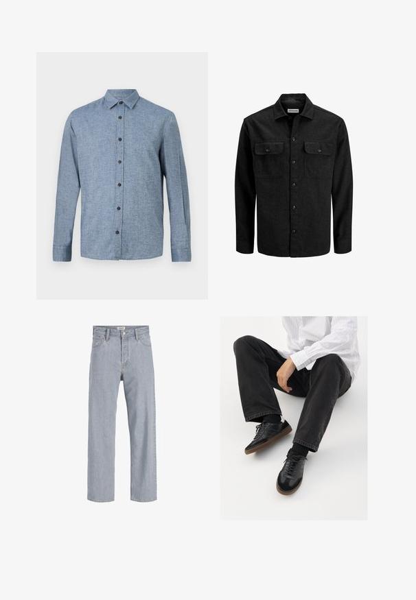 Crna košulja na kopčanje od mješavine vune, s ovratnikom, dva prsna džepa s preklopom i ravnim krojem.; Dugmasta košulja s dugim rukavima u svijetloplanoj tkanini s teksturiranim tkay, koja sadrži ovratnik i šest tamnosmeđih dugmadi sprijeda.; Svijetloplave traperice s opuštenim krojem, ravnim nogavicama, vidljivim šavovima, dva prednja džepa i kopčanjem na gumb.; Crne tenisice s glatkim i teksturiranim gornjim dijelom, koje imaju gumeni potplat i tamne vezice. Uparene s crnim trapericama i bijelom košuljom s prugama.