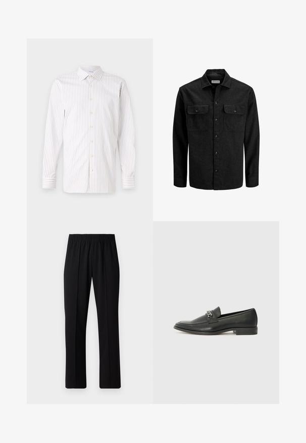 Černá košile na knoflíky vyrobená z vlněné směsi, s límečkem, dvěma náprsními kapsami s klopami a rovný střihem.; Světle pruhovaná košile s límečkem na knoflíky, dlouhými rukávy a perleťovými knoflíky. Má střídající se tenké světlé a tmavé pruhy.; Černé kalhoty s elastickým pasem a rovnými nohavicemi, s hladkým povrchem a bez viditelných vzorů nebo kovových doplňků.; Černé kožené mokasíny s hladkým povrchem, s prošívaným designem a dekoračním kovovým řetízkem přes nárt. Plochý podpatek.