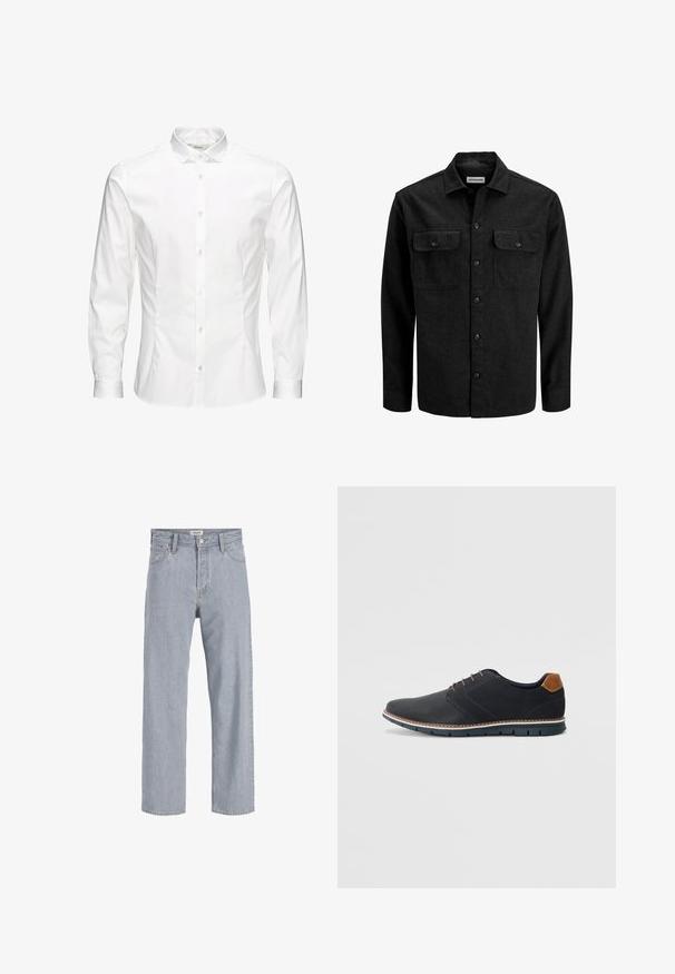 Chemise noire boutonnée en mélange de laine, dotée d'un col, de deux poches poitrine avec rabats, et d'une coupe droite.; Chemise blanche à manches longues avec boutons, fabriquée dans un tissu lisse. Dotée d'un col classique, de boutons sur le devant et de poignets à un bouton. Design ajusté.; Jean en denim bleu clair avec une coupe décontractée,à jambe droite, coutures visibles, deux poches avant et fermeture par bouton.; Chaussures synthétiques noires avec un dessus texturé, accents lisses, talon marron et semelle contrastante. Présente un laçage minimal et des détails de couture.