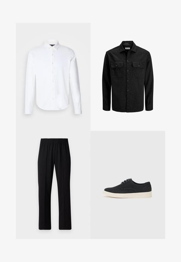 Camicia nera con bottoni in misto lana, caratterizzata da un colletto, due tasche sul petto con patta e un design a taglio dritto.; Camicia a maniche lunghe bianca in misto cotone con colletto classico, chiusura frontale a bottoni, orlo arrotondato e texture liscia.; Pantaloni neri con vita elasticizzata e design a gamba dritta, caratterizzati da una texture liscia e senza motivi o hardware visibili.; Scarpa in suede nera con lacci, punta arrotondata, suola leggera color crema e dettagli di cucitura blu discreti sulla parte superiore.