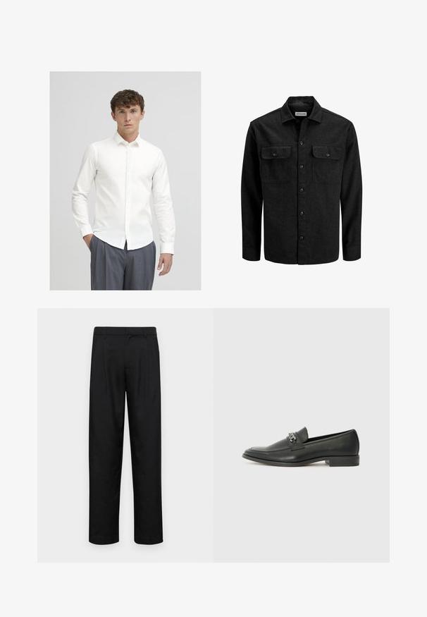 Chemise noire boutonnée en mélange de laine, dotée d'un col, de deux poches poitrine avec rabats, et d'une coupe droite.; Chemise blanche à manches longues, en tissu lisse. Dispose d'un col classique et d'une coupe slim, associée à un pantalon gris à rayures.; Pantalons noirs en tissu lisse, avec une coupe droite, deux plis avant et une taille standard avec passants de ceinture.; Mocassin en cuir noir avec une finition lisse, présentant un design cousu et une accent décoratif en chaîne métallique sur le rand. Talon plat.