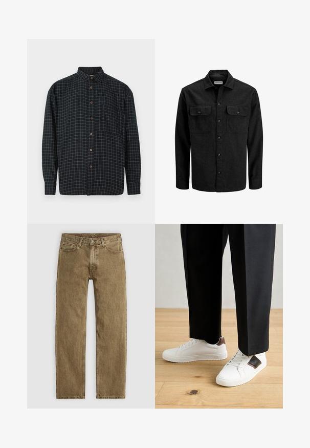 Schwarzes Hemd zum Zuknöpfen aus Wollmischung, mit Kragen, zwei Brusttaschen mit Klappen und geradem Schnitt.; Schwarzes langärmliges Hemd mit Knopfleiste, weißen Karomuster, Brusttasche und braunen Knöpfen auf weißem Hintergrund.; Hellbraune Denim-Jeans mit geradem Bein, fünf Taschen und Beschlägen in Kupferfarbe. Texturiertes Material mit sichtbaren Nähdetails.; Weiße Sneakers mit glatter Textur, versehen mit braunen Lederakzenten und schwarzen Details, kombiniert mit schwarzen maßgeschneiderten Hosen. Hintergrund aus Holzboden.