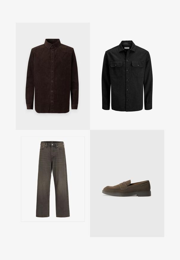 Svart skjorta med knappar framtill, tillverkad av en ullblandning. Den har krage, två bröstfickor med lock och en rak passform.; Brun kordfläckskjorta med långa ärmar, knapp-down krage, vertikal ribbad textur och framknäppning.; Breda jeans i mörkgrå denim, med hög midja, klassisk femficksdesign och kontrasterande sömmar längs sömmarna.; Brun mockasnär med rund tå, ett rem över framfoten och en platt gummisula. Enkelt design med rena linjer och minimal detaljering.