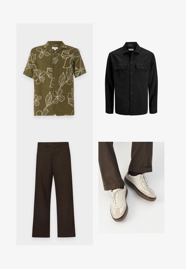 Black button-up shirt made from wool blend, featuring a collar, two chest pockets with flaps, and a straight fit design.; Short-sleeve olive green shirt with white floral embroidery, button-down front, and relaxed fit. Soft texture, casual design suitable for warm weather.; Brown wide-leg pants made of cotton blend, featuring a front button closure and minimal detailing for a simple design.; Beige sneakers with a textured suede front, smooth leather sides, and a brown rubber sole. Laces and light stitching detail included.