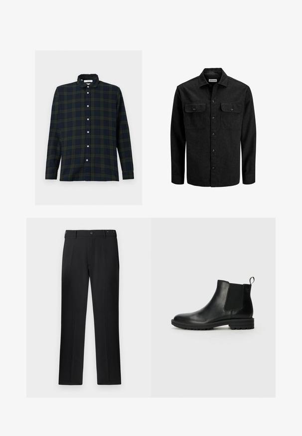 Black button-up shirt made from wool blend, featuring a collar, two chest pockets with flaps, and a straight fit design.; Long-sleeve plaid shirt in dark green and navy, made of cotton, featuring a button-down collar and front button placket.; Black trousers featuring a straight leg design, button closure, and belt loops, with a smooth texture and no visible patterns or accents.; Jack & Jones JFWHOSKINS - Classic ankle boots - anthracite