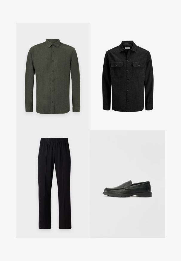 Sort skjorte med knapper lavet af uldblanding, med krave, to brystlommer med klapper og et lige snit.; Mørkegrøn skjorte med lange ærmer og knaplukning, præsenteret fladt mod hvid baggrund.; Sorte bukser med elastisk talje og lige ben, der har en glat tekstur og ingen synlige mønstre eller hardware.; Sorte læderslippers med en glat finish, mokkasin-stil overdel, syninger og gummisål. Klassisk design med en lav hæl.