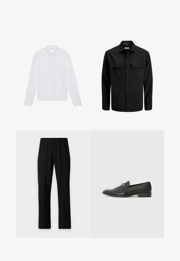Black button-up shirt made from wool blend, featuring a collar, two chest pockets with flaps, and a straight fit design.; White long-sleeve shirt with a pointed collar, front button closure, and rounded cuffs, featuring a smooth, soft fabric texture.; Black, elastic-waist trousers with a straight-leg design, featuring a smooth texture and no visible patterns or hardware.; Black leather loafer with a smooth finish, featuring a stitched design and a decorative metal chain accent across the vamp. Flat heel.