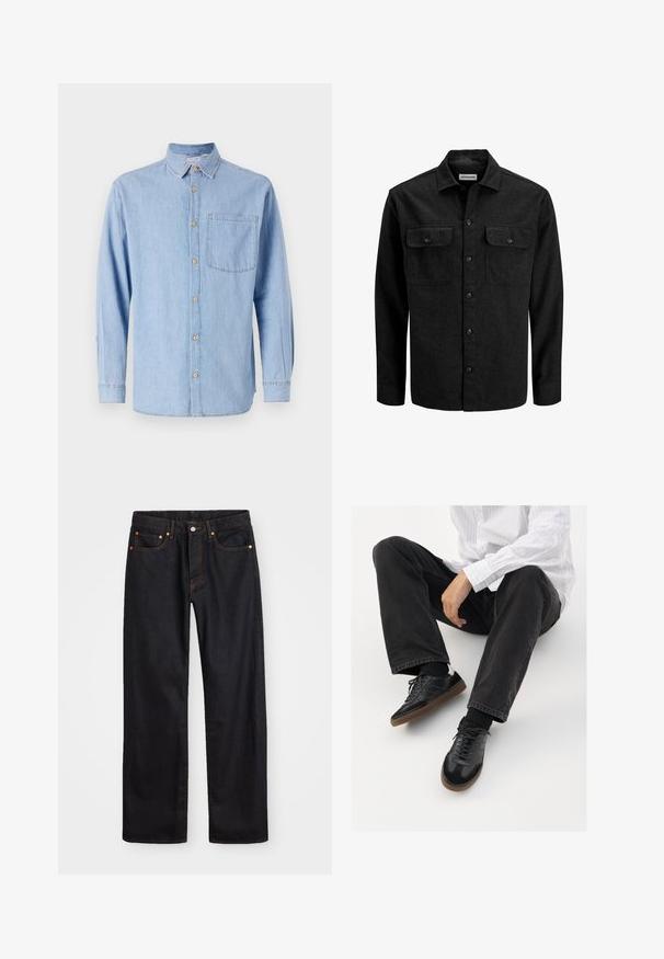 Svart skjorte med knapper laget av ullblanding, med krage, to brystlommer med klaffer og en rett passform.; Lys blå denimskjorte med knapperknepped krage, lange ermer og en enkelt brystlomme. Har brune knappeaksenter og kontrasterende søm.; Men's straight-leg svarte denim jeans med fem lommer og oransje søm, knapp og glidelås lukking foran på midjen.; Svarte joggesko med en glatt og teksturert overflate, med gummisåle og mørke snører. Kombinert med svarte jeans og en hvit stripet skjorte.