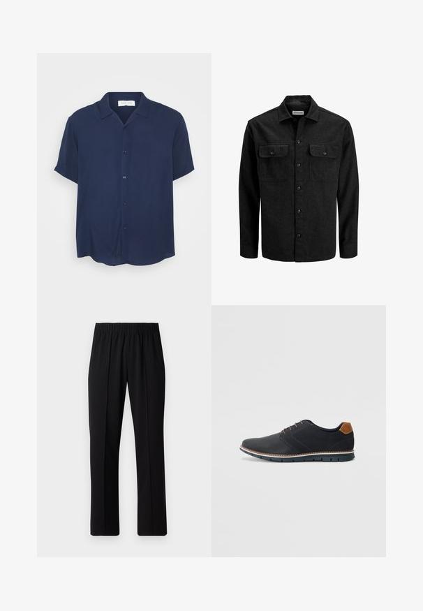 Black button-up shirt made from wool blend, featuring a collar, two chest pockets with flaps, and a straight fit design.; Navy short-sleeve shirt made from smooth fabric, featuring a button-front closure, collar, and a curved hem.; Black, elastic-waist trousers with a straight-leg design, featuring a smooth texture and no visible patterns or hardware.; Black synthetic shoes with a textured upper, smooth accents, brown heel, and a contrasting sole. Features minimal lacing and stitch details.