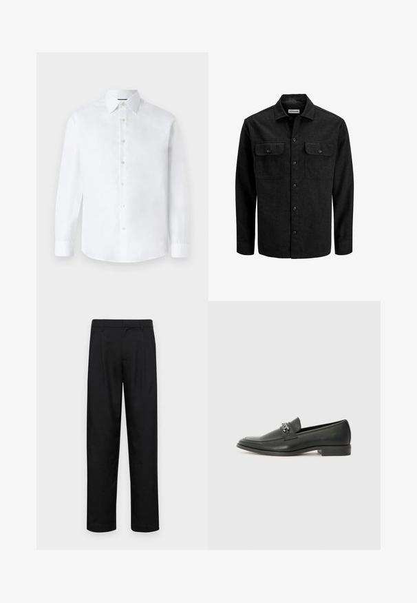 Svart skjorte med knapper laget av ullblanding, med krage, to brystlommer med klaffer og en rett passform.; Hvit langermet skjorte med klassisk krage, knapp-lukking foran og avrundet nederkant. Laget av glatt bomullsstoff uten mønster.; Sorte bukser laget av glatt stoff, med rette ben, to frontfoldninger og standard liv med beltehemper.; Sorte skinnloafers med en glatt finish, og med en sydd design og en dekorativ metallkjedeakcent over foten. Flat hæl.