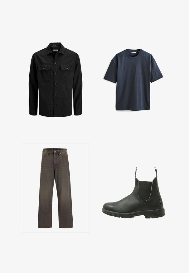 Musta nappipaita, valmistettu villasekoitteesta, jossa on kaulus, kaksi rintataskua läpällisillä ja suora istuvuus.; Laivastonsininen lyhythihainen t-paita, joka on valmistettu puuvillasta. Pyöreä pääntie ja rento malli. Tasainen pinta ilman näkyviä kuvioita tai koristuksia.; Valkoset farkut tummanharmaasta denimestä, joissa on korkea vyötärö, klassinen viisi-taskuinen muotoilu ja erottuvat ompeleet saumoissa.; Mustat nahkaiset Chelsea-saappaat, joissa on elastiset sivupaneelit, pyöristetty kärki ja kuvioitu kumipohja, suunniteltu helpoksi jalkaan pujottamiseen.
