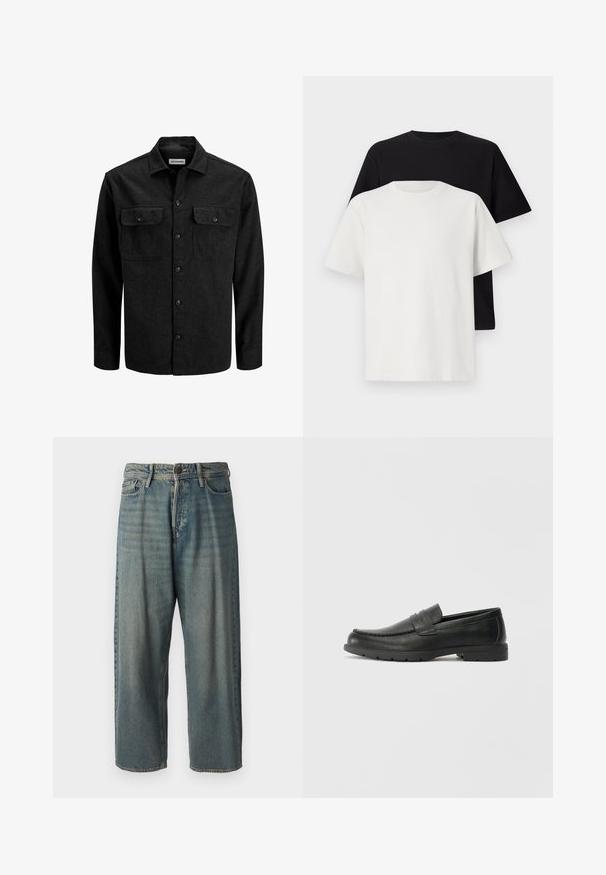 Chemise noire boutonnée en mélange de laine, dotée d'un col, de deux poches poitrine avec rabats, et d'une coupe droite.; Ensemble de t-shirts en coton comprenant un haut noir et un haut blanc, tous deux à manches courtes, avec un col rond et une coupe standard. Tissu texturé.; Jeans en denim bleu clair avec une coupe ample, taille mi-haute et jambes droites. Comprend cinq poches, des passants de ceinture et une fermeture à bouton.; Mocassins en cuir noir avec une finition lisse, tige de style moccasin, détails cousus et semelle en caoutchouc. Design classique avec un talon bas.