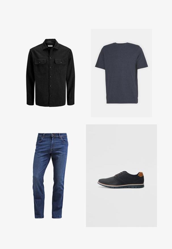 Mustast villasegust valmistatud nööbitav särk, millel on krae, kaks rinnataskut klappidega ja sirge lõige.; Tumed sinine ümar kaelusega T-särk, mis on valmistatud pehmest puuvilla segamisel põhinevast kangast, lühikeste varrukatega ja tavalise lõikega. Ilma nähtavate mustrite või aktsentideta.; Tumed sinised teksad sirge lõikega, viie taskuga, nööbiga sulgemine ja kerged kulumised reite kohal.; Mustavad sünteetilised jalatsid tekstureeritud pealsega, siledad aktsendid, pruun kand ja kontrastne tall. Omab minimaalset lukkude ja õmbluste dekoratsiooni.