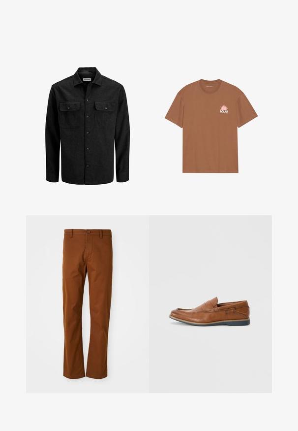 Schwarzes Hemd zum Zuknöpfen aus Wollmischung, mit Kragen, zwei Brusttaschen mit Klappen und geradem Schnitt.; Braunes Kurzarm-T-Shirt aus Baumwolle mit einem rosa Sonnenmotiv und dem Text "SOLAR" auf der linken Brust. Mit Rundhalsausschnitt.; Braune Baumwollhose mit normalem Schnitt, ausgestattet mit einem Knopfverschluss, Gürtelschlaufen und geradem Bein. Glatte Textur ohne Muster.; Braune Lederloafers mit runder Spitze, gesteppten Akzenten und einer niedrigen Gummisohle. Das Design verfügt über ein Band über dem oberen Teil.