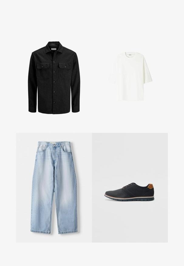 Črna srajca s :gumbi, izdelana iz volnene mešanice, z ovratnikom, dvema prsnikoma z zavihki in ravnim krojem.; Bela kratka majica s kratkimi rokavi, izdelana iz bombaža, z okroglo ovratnikom in sproščenim krojem ter ravnim robom.; Svijetloplave traper široke hlače s srednjim strukom, dizajnom s pet džepova i suptilnim izbljeđivanjem; završene ravnim rubom i petljicama za remen.; Črne sintetične čevlje z teksturirano zgornjščino, gladkimi akcenti, rjavim petnim delom in kontrastnim podplatom. Imajo minimalno vezanje in detajle šivanja.