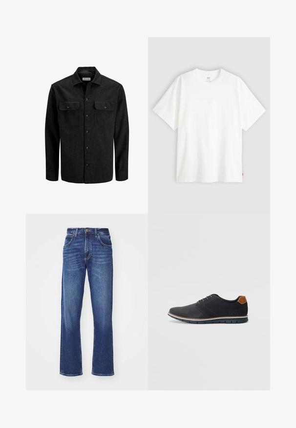 Mustast villasegust valmistatud nööbitav särk, millel on krae, kaks rinnataskut klappidega ja sirge lõige.; Valge lühikeste varrukatega puuvillane T-särk, millel on ümmargune kaelus. Ees on peene reljeefse logoga detail ja hemmi peal punane silt.; Keskmise sinise värvusega teksapüksid, sirge jalaga disain, millel on kulunud tekstuur, vöödega aasad, esipockets ja nööpidega sulgemine.; Mustavad sünteetilised jalatsid tekstureeritud pealsega, siledad aktsendid, pruun kand ja kontrastne tall. Omab minimaalset lukkude ja õmbluste dekoratsiooni.