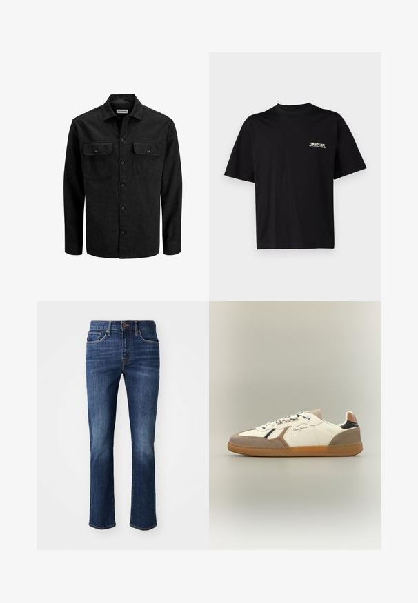 Črna srajca s :gumbi, izdelana iz volnene mešanice, z ovratnikom, dvema prsnikoma z zavihki in ravnim krojem.; Črna bombažna majica s kratkimi rokavi, okroglo ovratnico in tiskom na sprednjem levem prsnem delu v beli in zlati barvi, ki ima sproščen kroj.; Temno modri kavbojke s ravnim krojem. Značilnosti vključujejo zadrgo, sprednje žepe in rahlo bledenje na stegnih. Narejene iz denim materiala.; Beli in bež športni copat z usnjenimi poudarki, gumijastim podplatom, ravnimi vezalkami in detajlom logotipa. Ponaša se s prefinjenim dizajnom z kontrastnimi barvami.