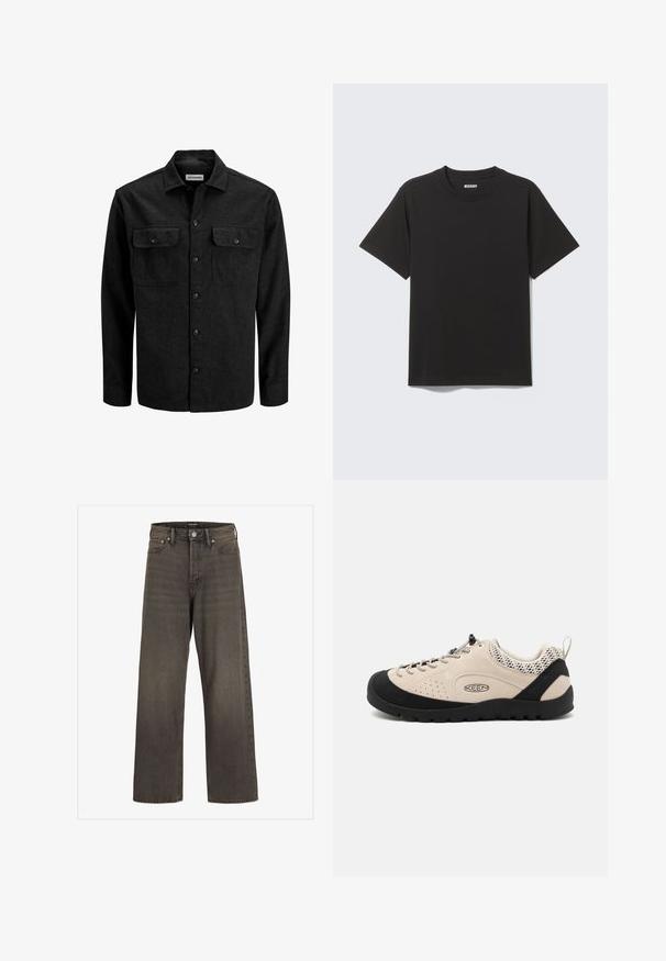 Svart skjorte med knapper laget av ullblanding, med krage, to brystlommer med klaffer og en rett passform.; Svart T-skjorte med korte ermer laget av myk bomull, med rund hals og enkel design uten mønstre eller detaljer.; Videbukser i mørkegrå denim, med høj talje, klassisk fem-lomme design og kontrasterende syninger langs sømmene.; Beige semsket sko med svart gummitåhette og såle, med snøring og pustende nettingdetaljer på hælen.