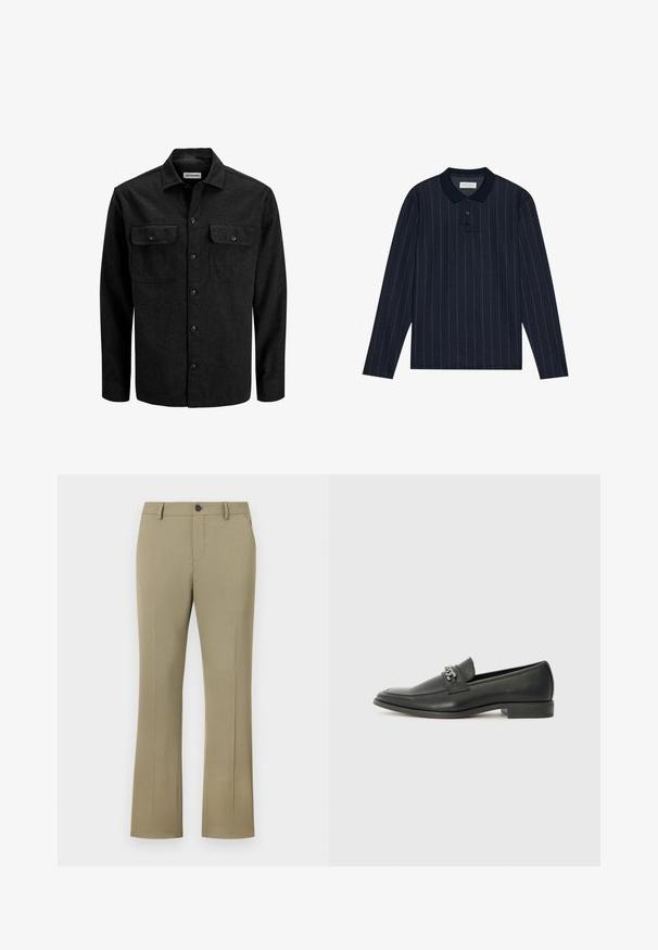 Black button-up shirt made from wool blend, featuring a collar, two chest pockets with flaps, and a straight fit design.; Navy long-sleeve polo shirt with a collared neckline, featuring thin vertical stripes and three-button placket. Soft fabric texture.; Light brown, flared trousers with a smooth, woven texture. Features a button closure, zipper fly, side pockets, and a tailored fit.; Black leather loafer with a smooth finish, featuring a stitched design and a decorative metal chain accent across the vamp. Flat heel.