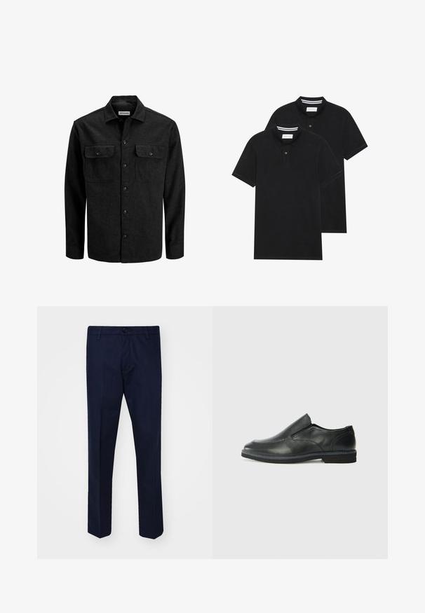 Czarna koszula zapinana na guziki, wykonana z mieszanki wełny, z kołnierzykiem, dwoma kieszeniami na klatce piersiowej z klapkami oraz prostym krojem.; Dwie czarne koszulki polo z krótkim rękawem, wykonane z materiału bawełnianego, z klasycznym kołnierzykiem, z zapięciem na dwa guziki oraz białymi paskami wewnątrz kołnierza.; Granatowe spodnie wykonane z gładkiego materiału, z prostymi nogawkami, z zapięciem na guzik oraz z przednimi kieszeniami.; Czarne skórzane buty wsuwane z gładką cholewką, przeszyciami, okrągłym noskiem i niskim gumowym obcasem. Podeszwa ma minimalny bieżnik.