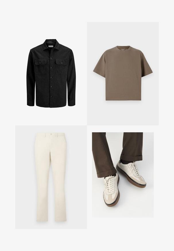 Melnā vilnas maisījuma pogājama krekla ar apkakli, divām krūšu kabatām ar atlokiem un taisnu piegriezumu.; Brūns, īsām piedurknēm T-krekls, izgatavots no mīkstas auduma ar apaļu kakla izgriezumu. Iespējo brīvu piegriezumu un vienkāršu apakšmalas detaļojumu.; Beige kokvilnas chinos ar taisnu kāju dizainu, ar pogu aizdari un divām sānu kabatām. Gluda tekstūra ar tīru apdari.; Beidzī lasi ar strukturētu zamšādu priekšpusi, gludiem ādas sāniem un brūnu gumijas zoli. Iekļauti auklas un viegla šuvuma detaļas.