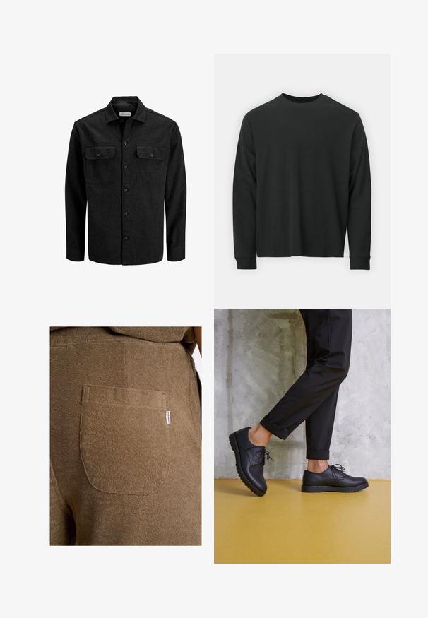 Musta nappipaita, valmistettu villasekoitteesta, jossa on kaulus, kaksi rintataskua läpällisillä ja suora istuvuus.; Pitkähihaine musta T-paita, joka on valmistettu puuvillasta. Tässä paidassa on pyöreä pääntie, rento istuvuus ja ribbikuvioidut hihansuut. Pintakuvasto on sileä ilman näkyviä kuvioita.; Lindbergh ELASTIC WAIST - Shortsit - dk stone; Mustat nahkaiset nauhakenkä, joissa on pyöreä kärki, teksturoitu pinta ja paksu kumipohja. Yhdistettynä rullattuihin mustiin housuihin betonitaustalla.