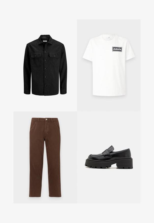 Crna košulja na kopčanje od mješavine vune, s ovratnikom, dva prsna džepa s preklopom i ravnim krojem.; Bijela pamučna majica s crnim pravokutnim logotipom s riječju "oasis" u središtu. Kratki rukavi i klasičan dizajn okruglog izreza.; Smeđe pamučne hlače ravnog kroja, s prednjim džepovima i metalnim zatvaranjem na dugme. Karakteriziraju ih glatka tekstura i minimalistički dizajn.; Crne kožne mokasine s masivnom gumenom potplatom, s podignutom platformom i trakicom preko gležnja. Glatka površina i okrugli oblik.
