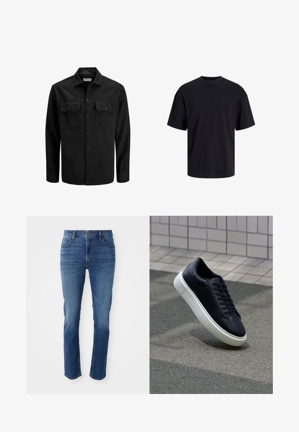 Melnā vilnas maisījuma pogājama krekla ar apkakli, divām krūšu kabatām ar atlokiem un taisnu piegriezumu.; Melns kokvilnas T-krekls ar apaļu kakla izgriezumu, īsām piedurknēm un brīvu piegriezumu. Gluda tekstūra un nav redzamu rakstu vai akcentu.; Zils džinsu audums ar taisnu griezumu, piecām kabatām un rāvējslēdzēju. Iezīmējas ar maigi izbalējušu krāsu un kontrastējošiem stitchēšanas darbiem gar šuvēm.; Melnas ādas kedas ar noapaļotu pirkstu un baltu gumijas zoli. Iespējas - plakanas šņorītes un minimāla apdare augšdaļā. Struktūrēta zole, lai nodrošinātu saķeri.