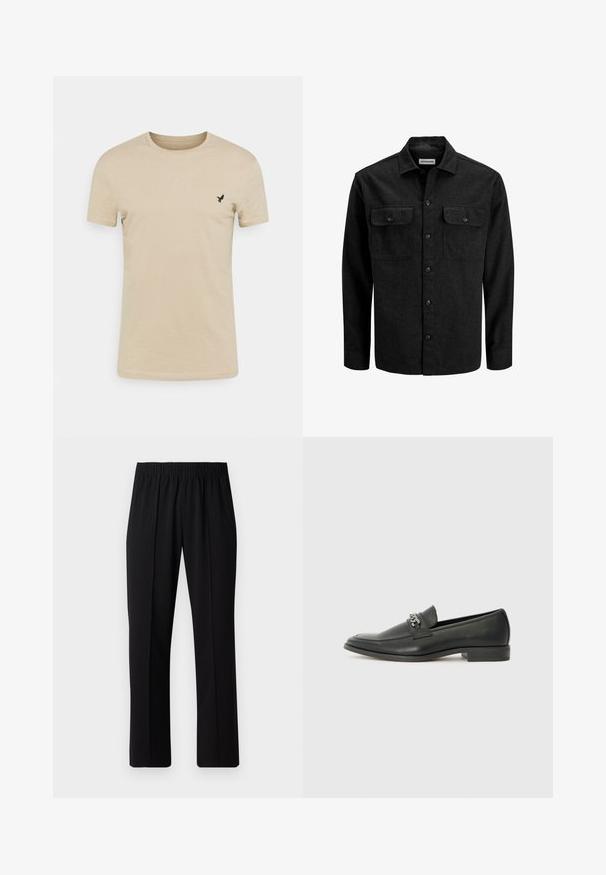 Black button-up shirt made from wool blend, featuring a collar, two chest pockets with flaps, and a straight fit design.; Beige short-sleeve T-shirt made of soft fabric, featuring a round neckline and a small black bird logo on the left chest area.; Black, elastic-waist trousers with a straight-leg design, featuring a smooth texture and no visible patterns or hardware.; Black leather loafer with a smooth finish, featuring a stitched design and a decorative metal chain accent across the vamp. Flat heel.